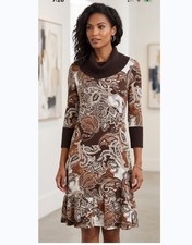 Venus Brown White Beige Paisley Turtleneck Cowlneck Stretch Sweater Dress Sz M