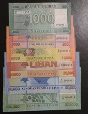 Lebanon 6×banknotes Full Set From 1000 To 100000 Unc Same Serial Number