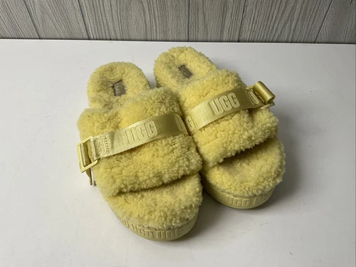 SANDALI UGG MARGARITA FLUFFITA PELLE DI PECORA FLUFF SLIDE PLATEAU US 9 EUR 40 Giallo
