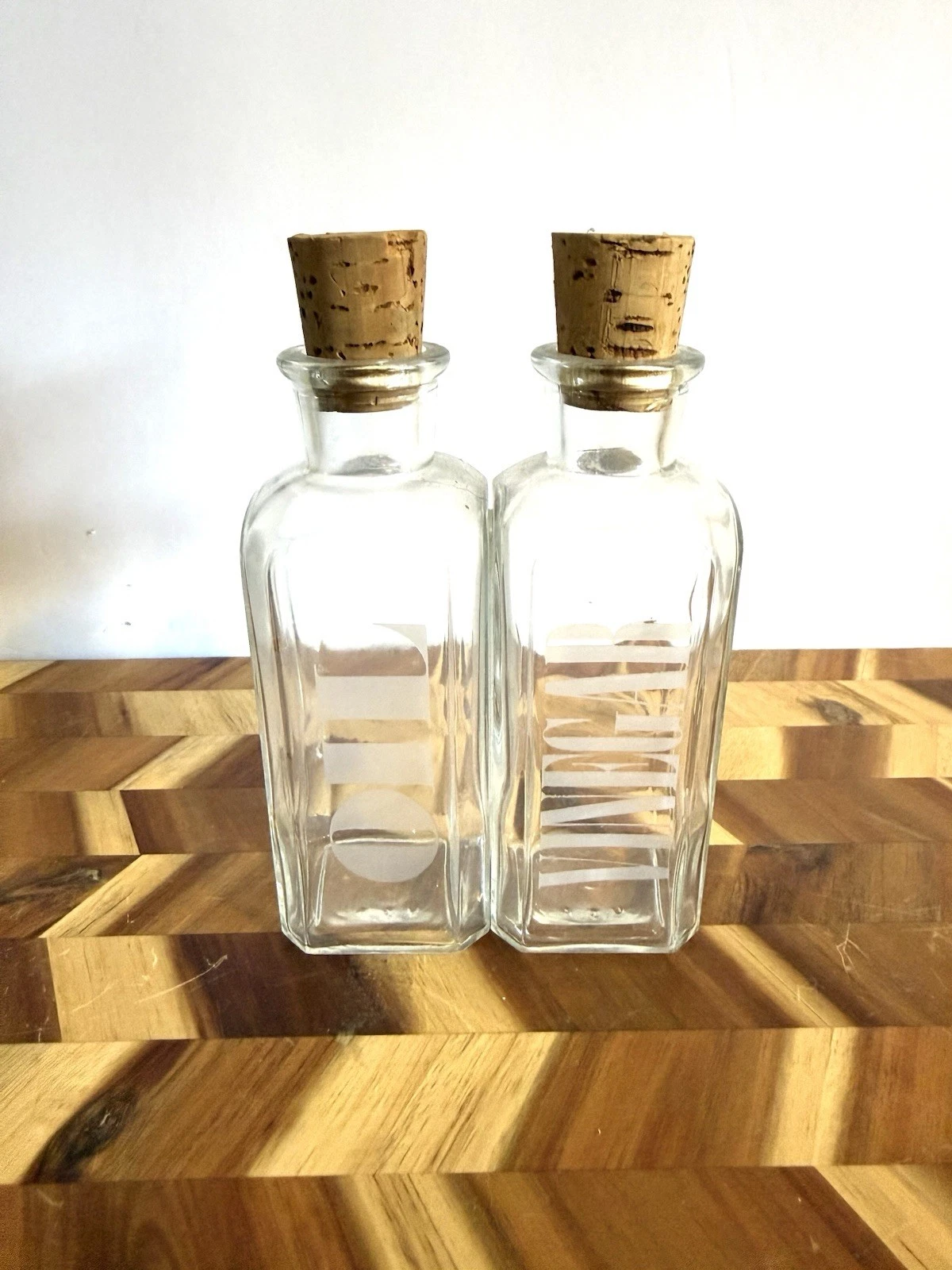 1970s Oil & Vinegar Bottle Set W/ Cork Stopper Tops Kitchen Decor 6”
