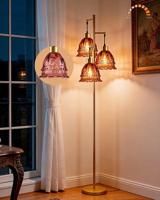 Dimmable 3-Light Gold Floor Lamp with Red Glass Shade for Modern Decor