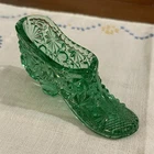 Vintage Fenton Art Glass Green Slipper Shoe Daisy & Button Pattern