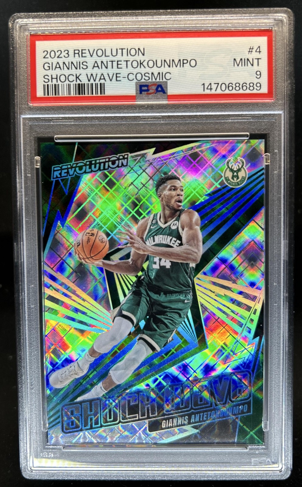 2023-24 Panini Revolution Giannis Antetokounmpo Shock Wave Cosmic #/99 PSA 9