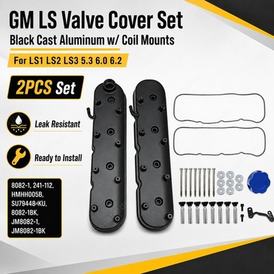 GM LS Cast Aluminum Tall Black Pair Valve Covers w/Coil Mounts For LS1 LS2 LS3