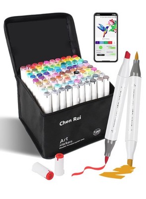 100 Colors Alcohol Markers Brush Tip with Free App, Chen Rui Dual Chisel & Br...