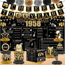 68th Birthday Decorations Set - 18PCS Black Gold Banner, Backdrop, Paper Poms 