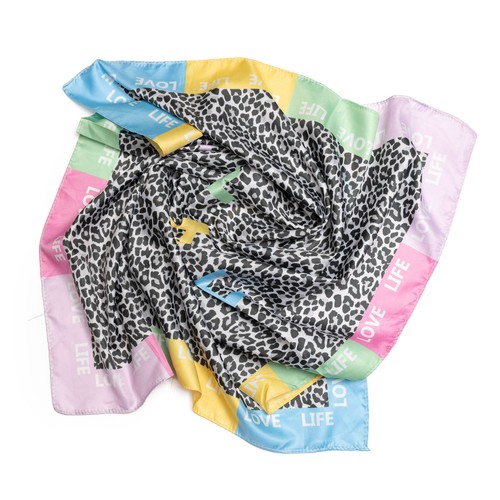 Scarf colorful leopard print HAPPY LOVE LIFE silk viscose 70x70 lightweight summer shawl - Picture 3 of 3