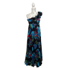 Aqua One Shoulder Chiffon Floral Ruffle Maxi Dress Size 2 NWT