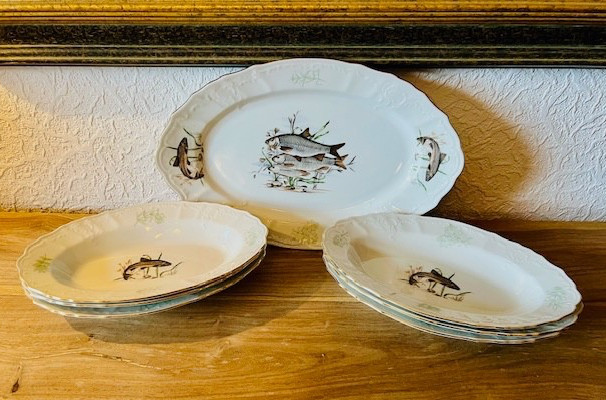 Vintage 6 ovale Fischteller mit 1 großen Fischplatte Porzellan mit Goldkante rar