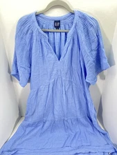 Gap Gauze Tier Dress Womens Size XL Blue Short Sleeve Split V-Neck Pockets NWT