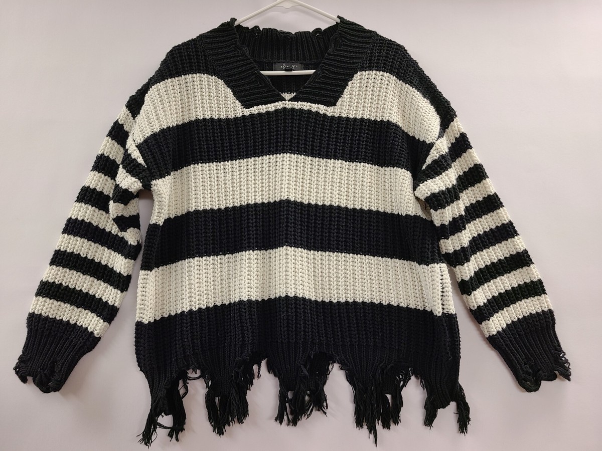 Black Striped Striped Frayed Sweater Black Striped Knit Sweater