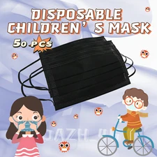 [Black]For Kids Children Face Mask 50 Pcs Disposable 3-Ply Soft Skin Protection