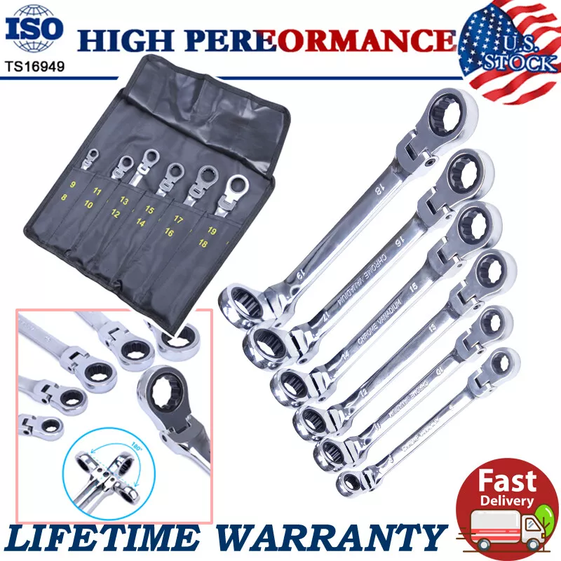 6 Double Box End Ratcheting Wrench Flex Head Extra Long Heavy Duty Spanner Set