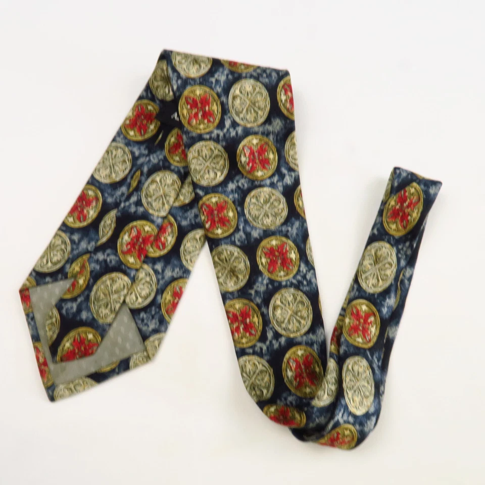Gravata masculina Adolfo azul ouro vermelho padrão medalhão feita nos EUA 58x4 - Imagem 4 de 4