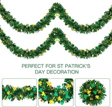 39.3FT St.Patrick'S Day Tinsel Garland Shamrock Clover Green Gold Metallic Tinse