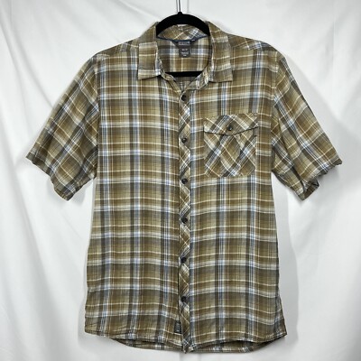 Outdoor Research Cotton Button Up Shirt M Tan Beige Blue Plaid Hiking Gorp Core