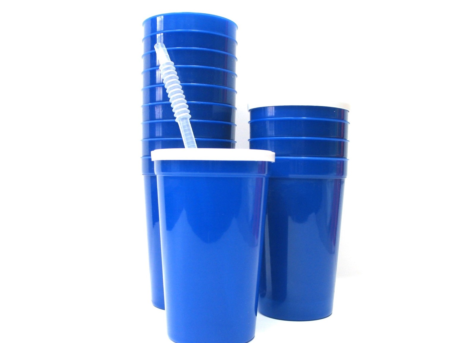 12Large 20 Ounce Blue Plastic Drinking Glasses Lids Straws Mfg USA