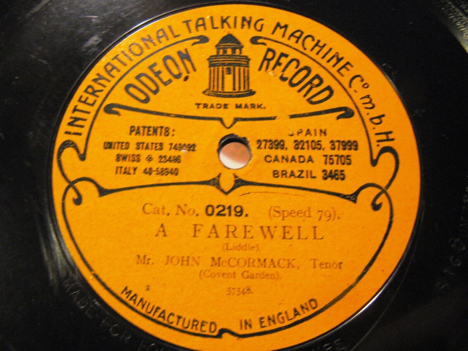 1907 John McCormack Orange ODEON Liddle A Farewell / Love's Golden Treasury 0219