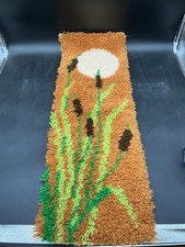 Vintage 1970s Latch Hook Cattails Wall Hanging Rug Retro Marsh Scene 12x35