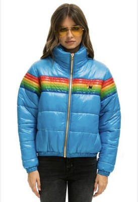 Aviator Nation Lux Apres Puffer Jacket Rainbow 6 Stripe Glossy Blue Lg Excellent