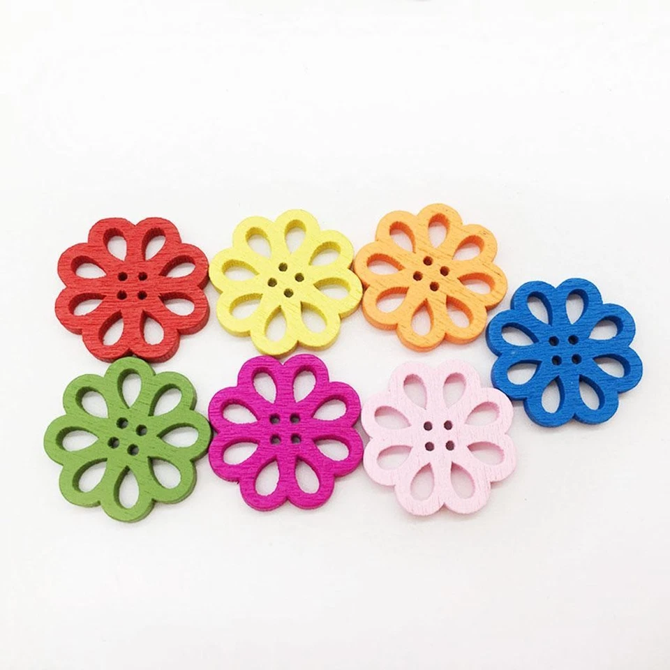 100pcs Mixed Color 4 Holes Wooden Flower Buttons for DIY Sewing - Image 3 of 4