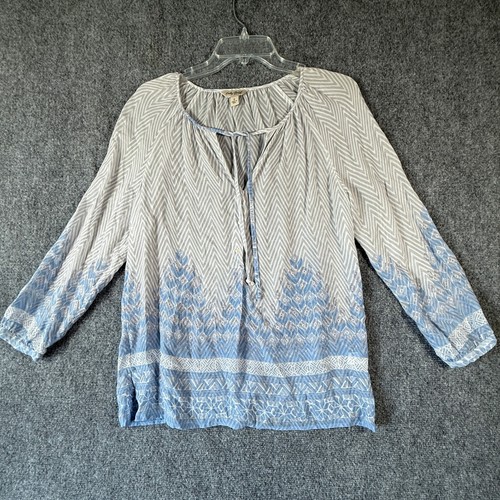 Lucky Brand Women's Blue White Embroidered Chevron Peasant Top Size S - Picture 1 of 8