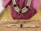Vintage Faux Pearl Costume Jewelry Set Black Onyx Style Cabochon Rhinestone — photo 1