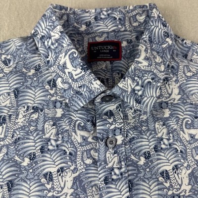 Untuckit Rajpal Shirt Men L Blue Monkey Bird Jungle Tropical Short Sleeve Preppy
