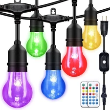 48FT Outdoor RGB String Lights, 16 Shatterproof Edison Bulbs, Dimmable Color ...