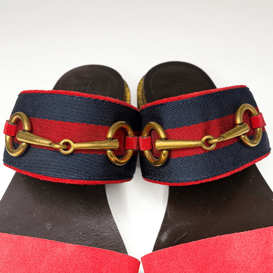 Gucci Querelle Red Suede Web Stripe Slide Heeled Wooden Sandals Women Size 36.5 - Image 4 of 4