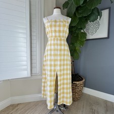 Reformation Nia Dress Size 6 Yellow Gingham Linen Cottagecore Open Back GUC