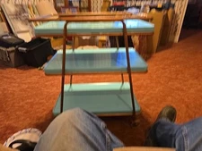 RARE HTF  Turquoise Atomic COSCO Mid Century Modern 3 Tier Metal Serving Cart