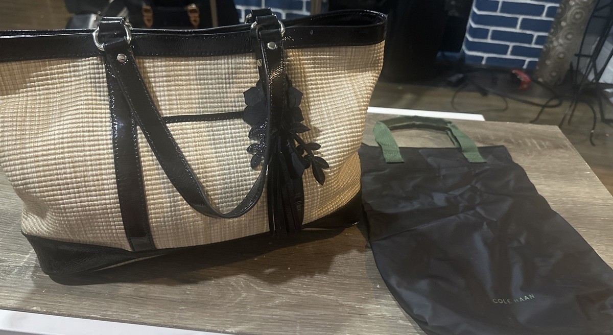 Cole Haan Straw and Patent Leather Tote Bag with Dust Bag