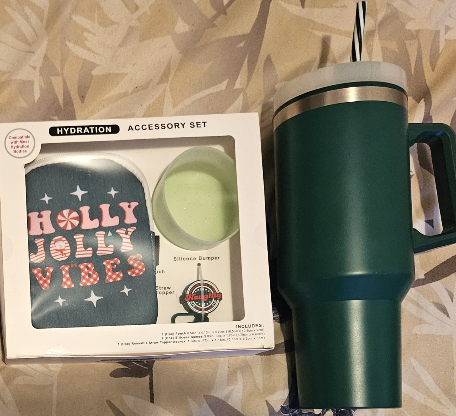 Stainless Steel Tumbler 40 Fl Oz + Hydration Accessory Set "Holly Jolly Vibes"🎄