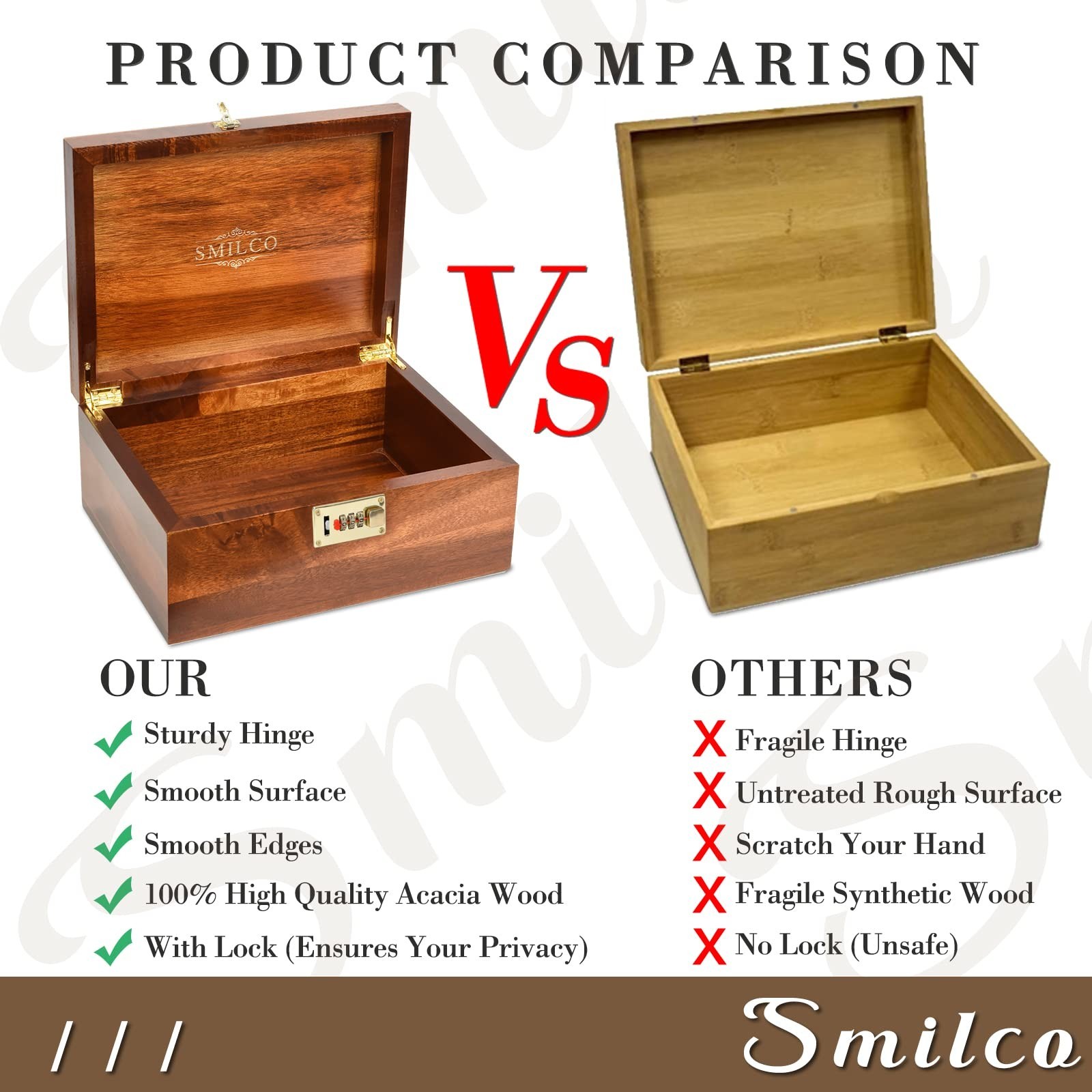 Smilco Wooden Storage Box with Hinged Lid Acacia Wood Hand-Crafted Wooden Box...