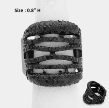 Wide Striped Statement Oversized Cocktail Party Ring Crystal Stretch Jet Black