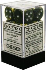 Chessex Dice d6 Set 16mm Leaf Black  Gold w/ Silver Six Sided Die 12 CHX 27618