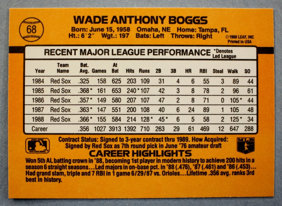 Tarjeta de error Donruss de los Medias Rojas de Wade Boggs 1989 de los Yankees de Nueva York #68 período faltante como nueva Foto 2 de 3