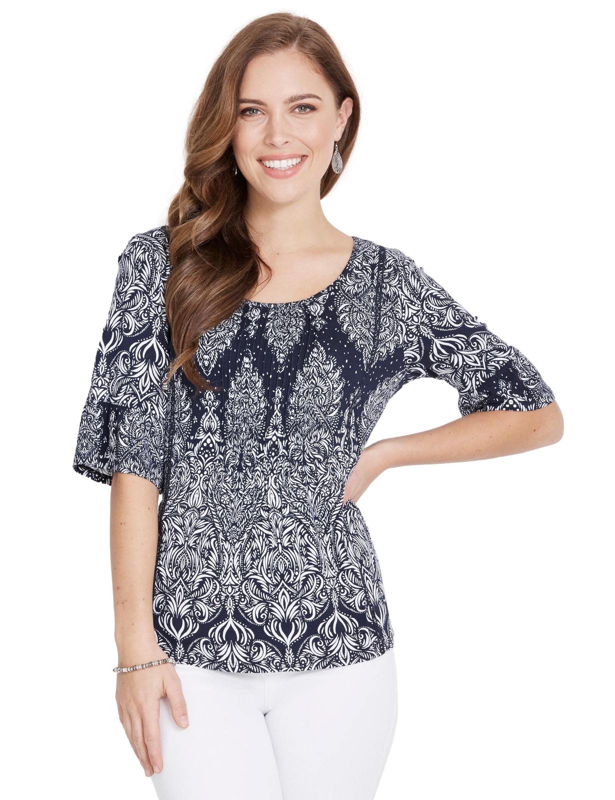 AU XS ROCKMANS Womens Tops Elbow Sleeve Pintuck Print Top