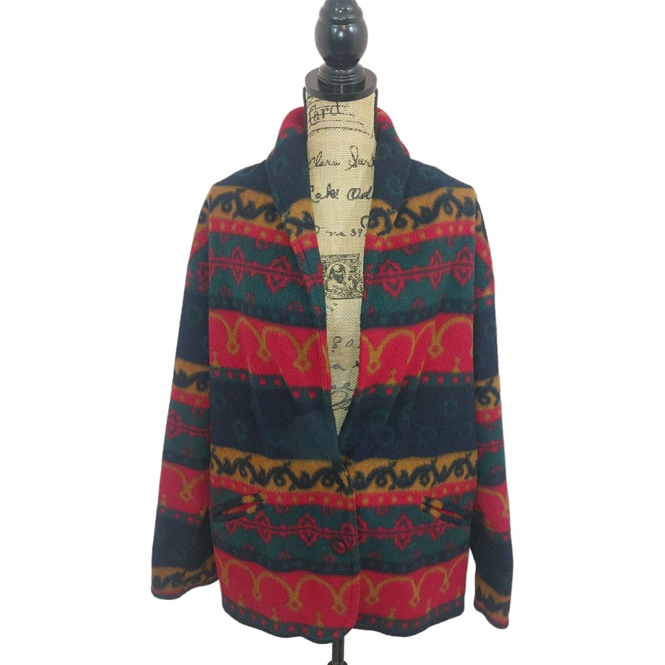 VTG Cabin Creek Jacket Womens Sz M RED BLUE GREEN Fleece Shoulder Pads Geometric - Image 4 of 4
