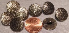 8 Antiqued Shiny Silver Tone Metal Shank Buttons 9/16" 15mm # 7462