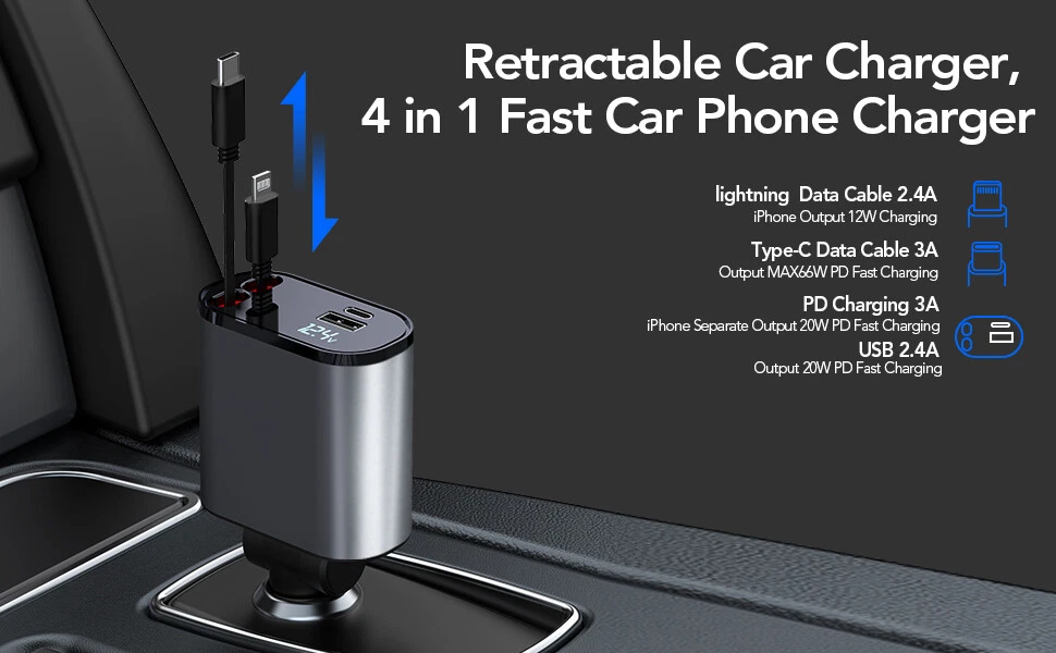 Retractable Car Charger 4 in 1 Fast Car Phone Charger 120W with USB Type C Cable Retractable Car Charger 4 in 1 Fast Car Phone Charger 120W with USB Type C Cable
