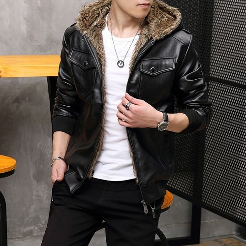 Leather Jacket Fur Hooded Fleece Lined 