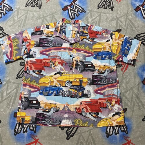 50's Hawaiian Shirt Starlite Drive-in Diner Men's XL Button Shirt Custom Hot Rod