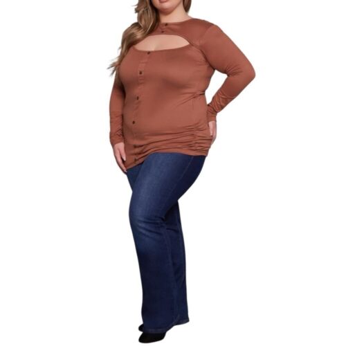 Plus Size, Chic Brown Cutout Long Sleeve Top, Size 3X
