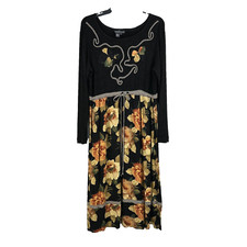 Vtg Y2K Carole Little Shift Dress Womens 10P Black Tan Floral Ribbed Long Sleeve