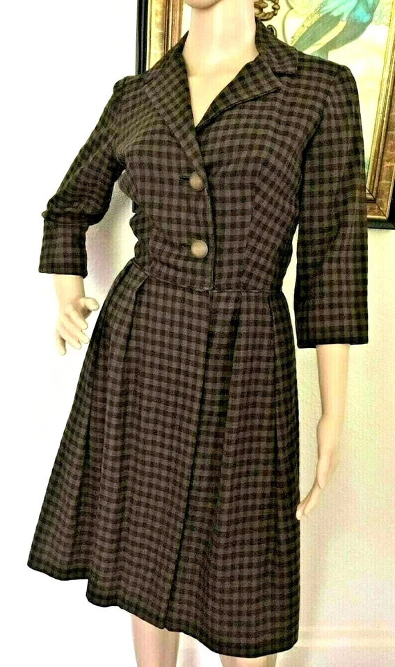 40’s Vintage Black Brown Gingham “Junior Set” Rockabilly Coat Dress - Image 2 of 4