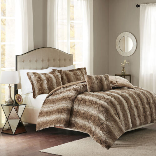 NEW! ~ COZY ULTRA SOFT PLUSH CHOCOLATE BROWN TAN FUR WARM MODERN COMFORTER SET  - Picture 1 of 3