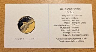 Echtheitszertifikat für Goldmünze 20 Euro Deutscher Wald FICHTE 2012 ohne Münze