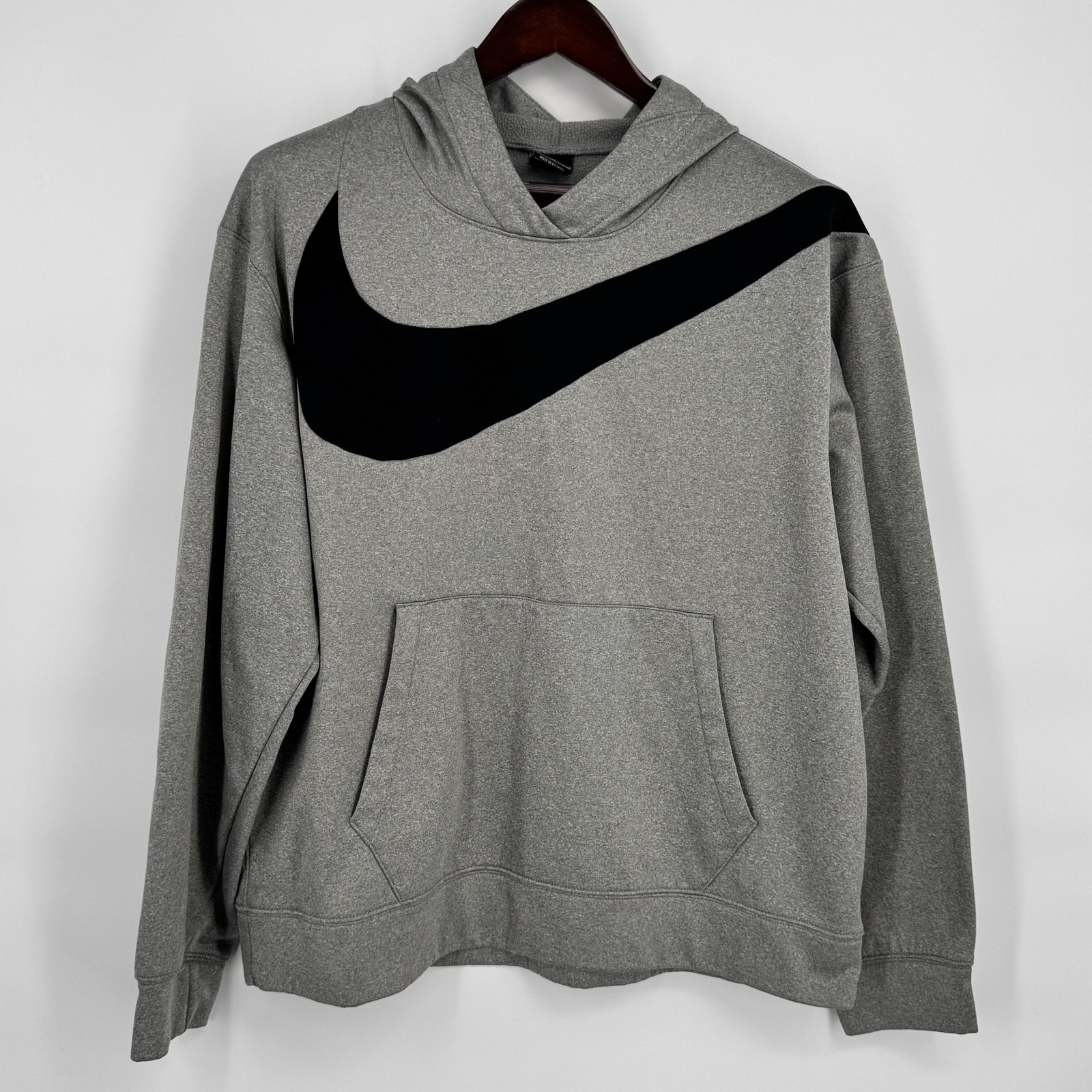 Nike Dri-FIT Hoodie Mens Large Gray Pullover Big Swoosh Fleece Sweatshirt